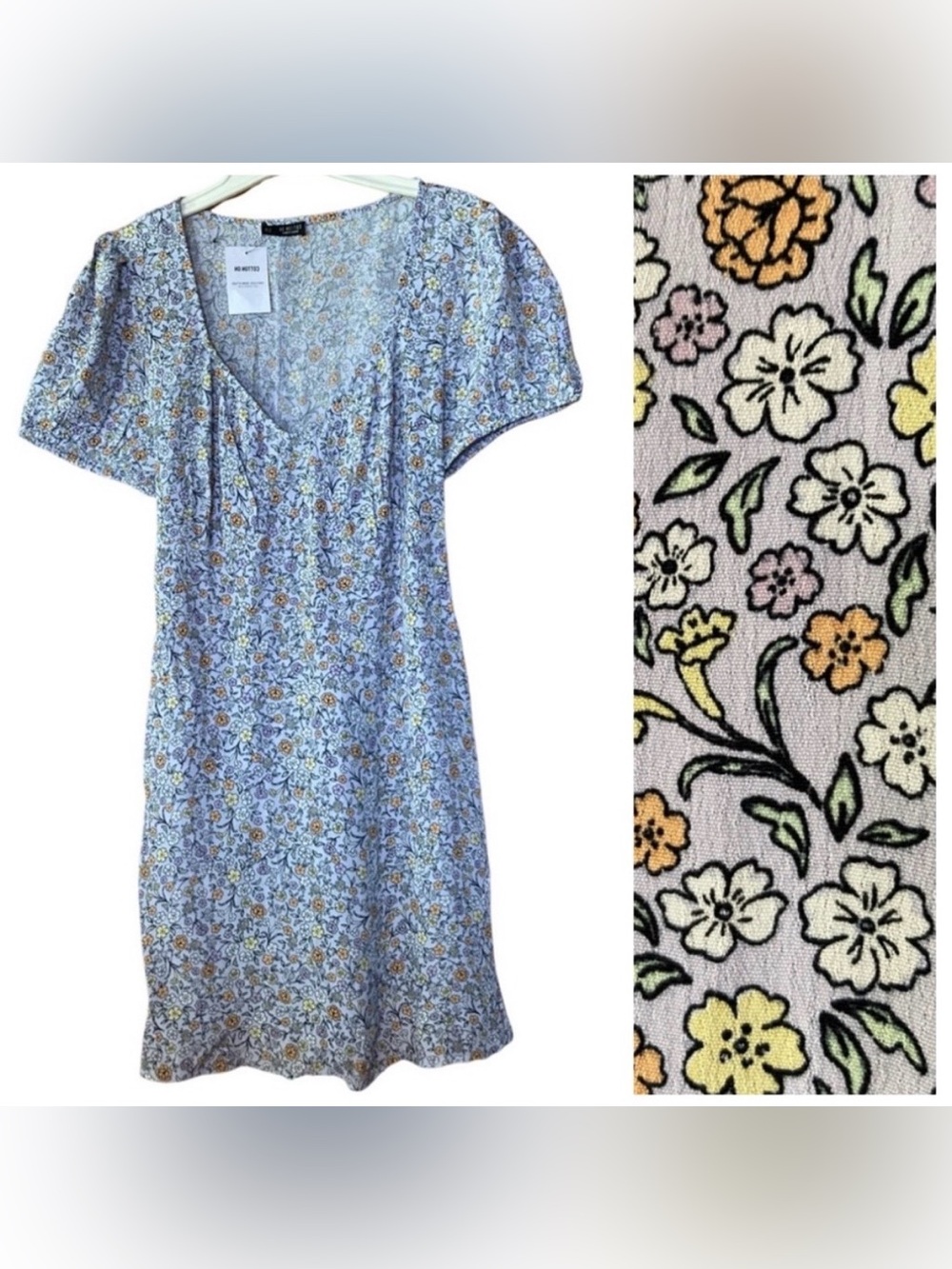NWT Cotton On Floral Empire Waist Puff Sleeve Deep V-Beck Tie Back Mini Dress